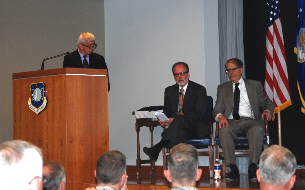 Eric F. Frazier and Richard Easton speak at Peterson AFB as part of the Space Professionals Speaker Series July 21, 2016